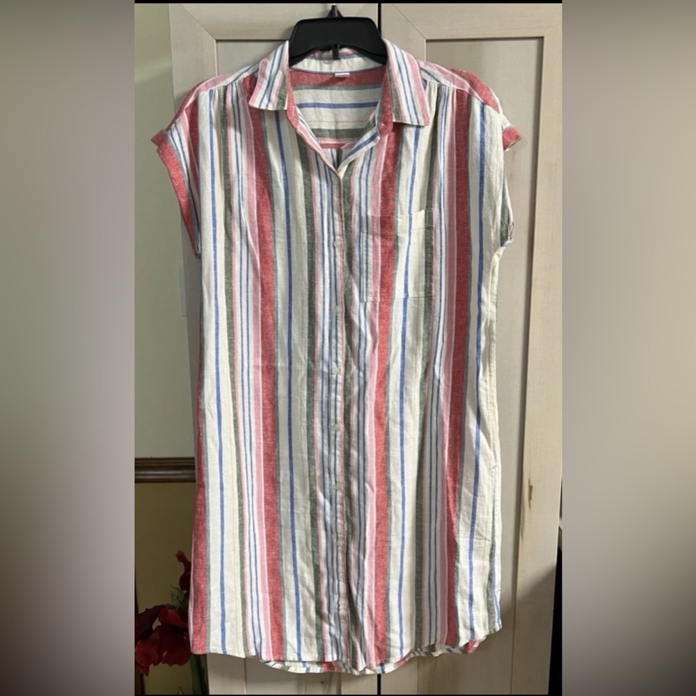 Old Navy -Size M - Linen Blend Shirt Dress - Red White Blue Pink Button-Up - Picture 2 of 13